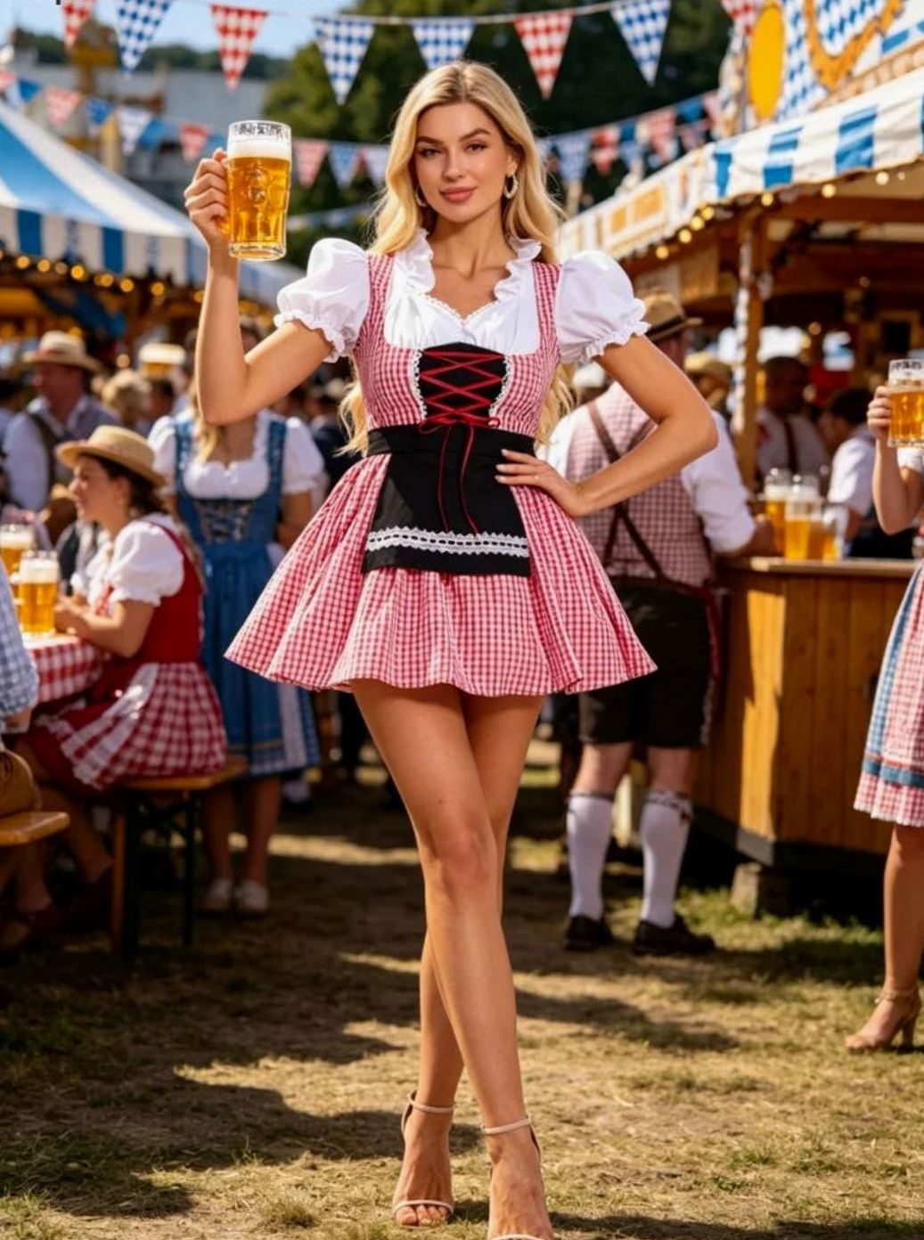 Damen Oktoberfest Dirndl Minikleid Kariert mit Schürze und Puffärmel-Bluse - Rot kariert