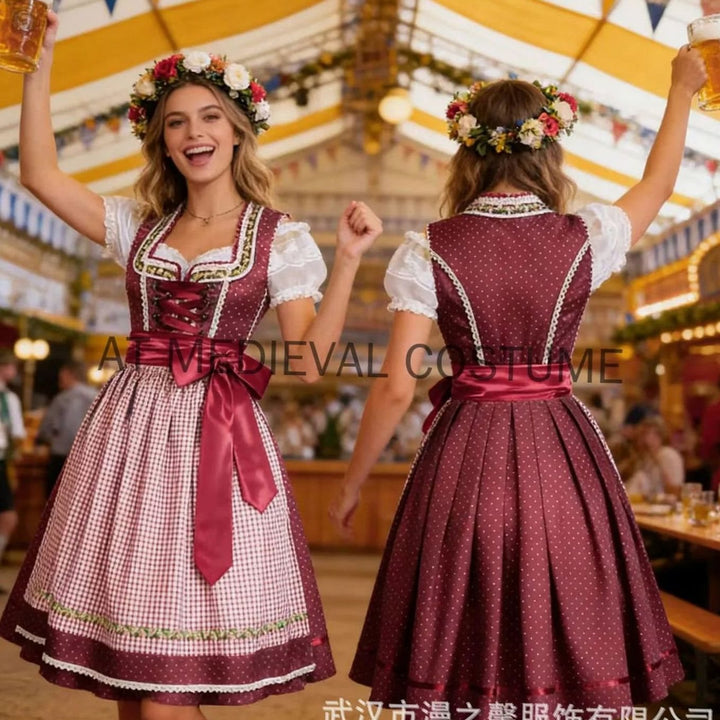 Damen Oktoberfest Dirndl-Set Midi Miederschnürung mit Bluse und Schürze