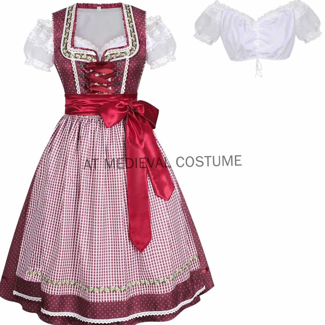 Damen Oktoberfest Dirndl-Set Midi Miederschnürung mit Bluse und Schürze