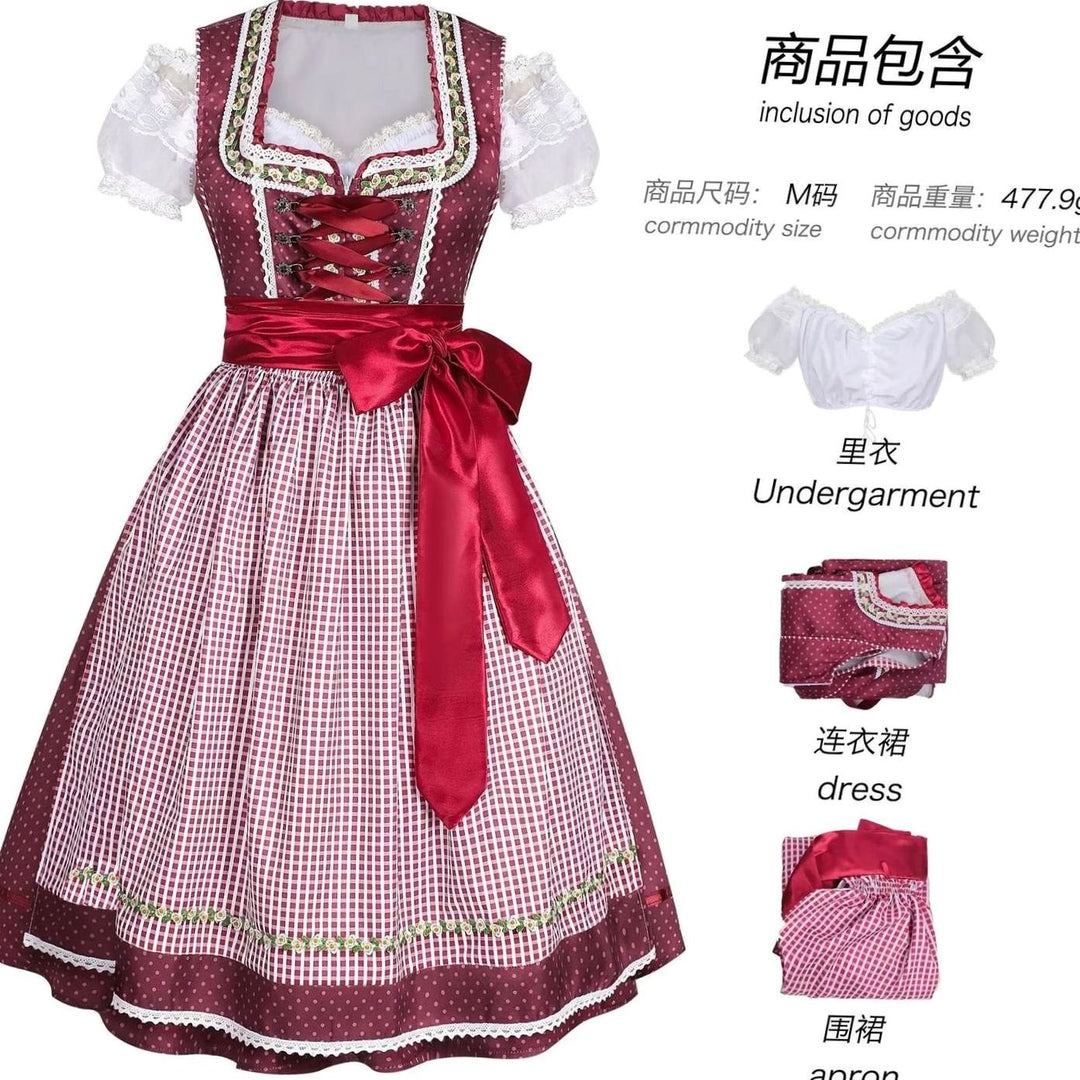 Damen Oktoberfest Dirndl-Set Midi Miederschnürung mit Bluse und Schürze - Rot