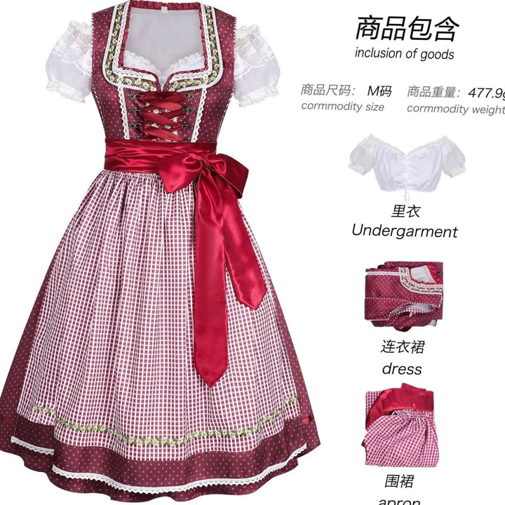 Damen Oktoberfest Dirndl-Set Midi Miederschnürung mit Bluse und Schürze - Rot