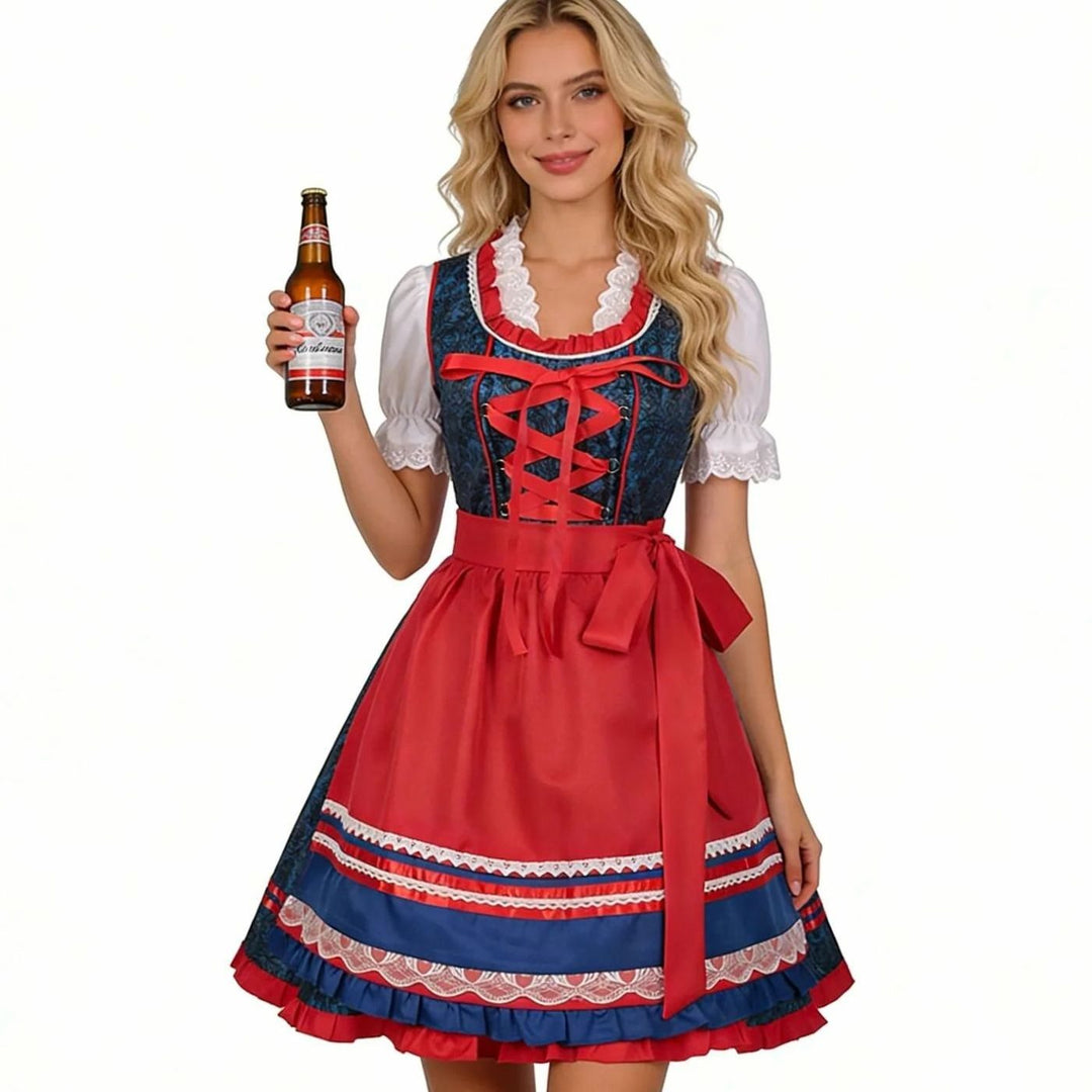 Damen Oktoberfest Dirndl-Set mit Schürze Spitzenbluse Kreuzschnürung