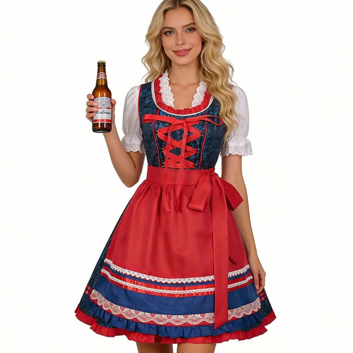 Damen Oktoberfest Dirndl-Set mit Schürze Spitzenbluse Kreuzschnürung