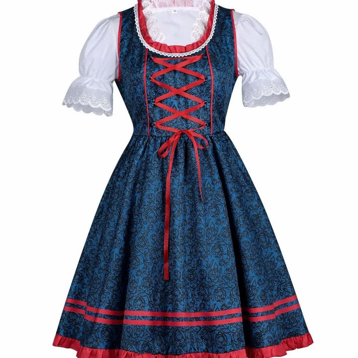 Damen Oktoberfest Dirndl-Set mit Schürze Spitzenbluse Kreuzschnürung