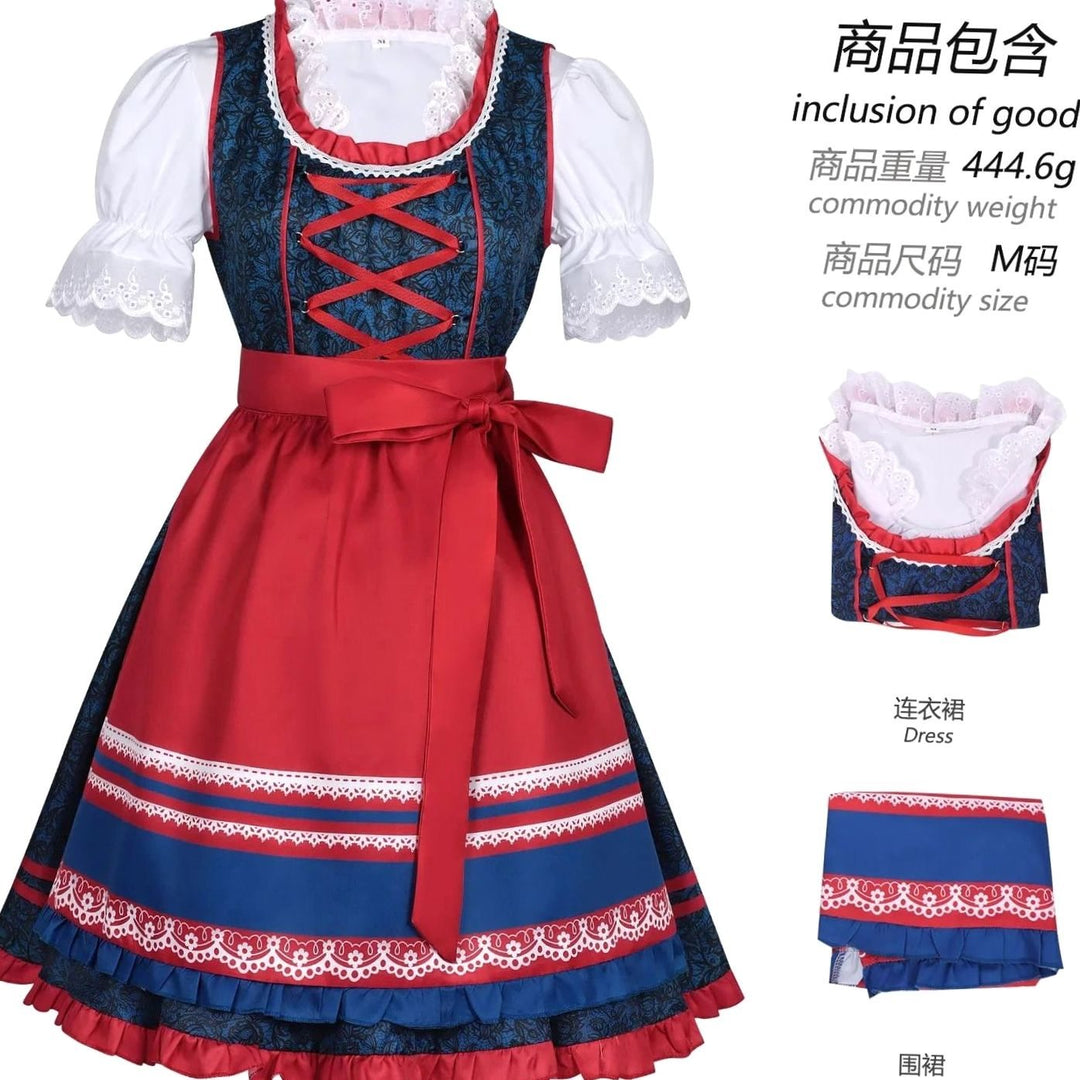 Damen Oktoberfest Dirndl-Set mit Schürze Spitzenbluse Kreuzschnürung - Blau Rot