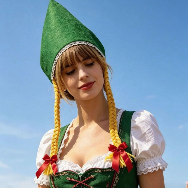 Damen Oktoberfest Dirndl-Set mit Schürze Spitzenbluse Kreuzschnürung - Weiß Rot