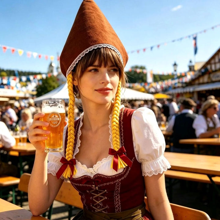Damen Oktoberfest Dirndl-Set mit Schürze Spitzenbluse Kreuzschnürung - Braun