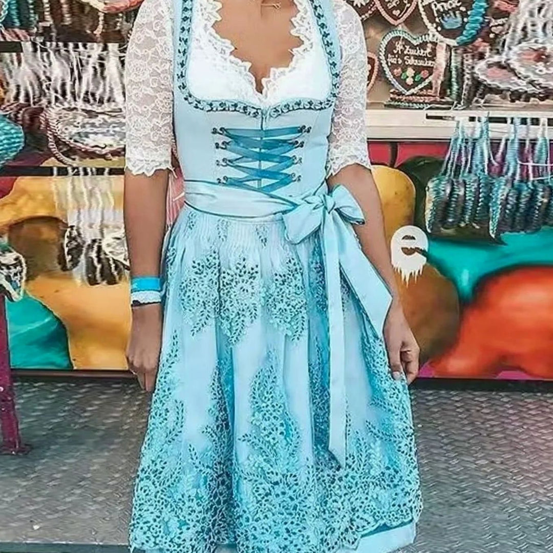 Damen Oktoberfest Dirndl Spitzenbluse Trachtenkleid Midi