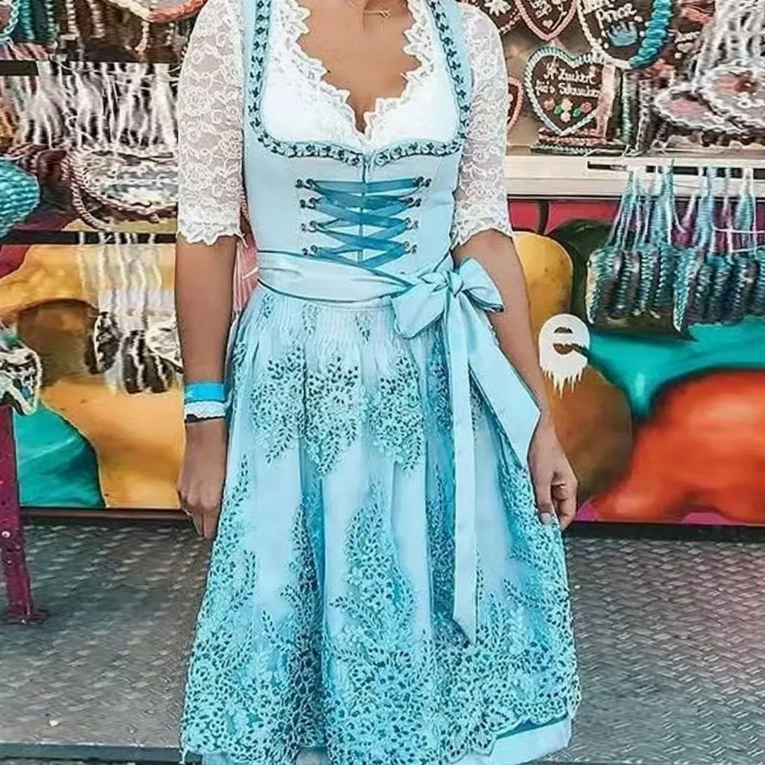 Damen Oktoberfest Dirndl Spitzenbluse Trachtenkleid Midi - Hellgrün