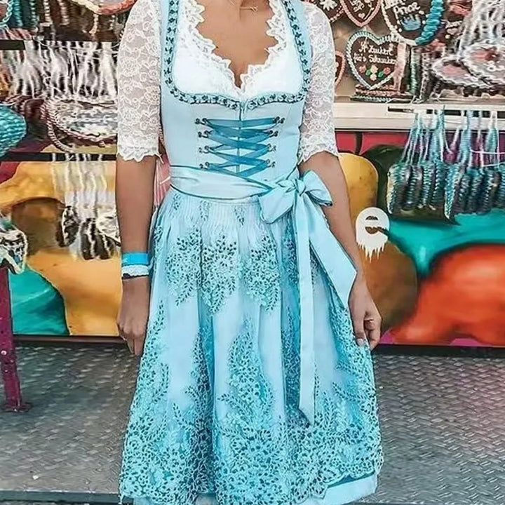 Damen Oktoberfest Dirndl Spitzenbluse Trachtenkleid Midi - Hellgrün