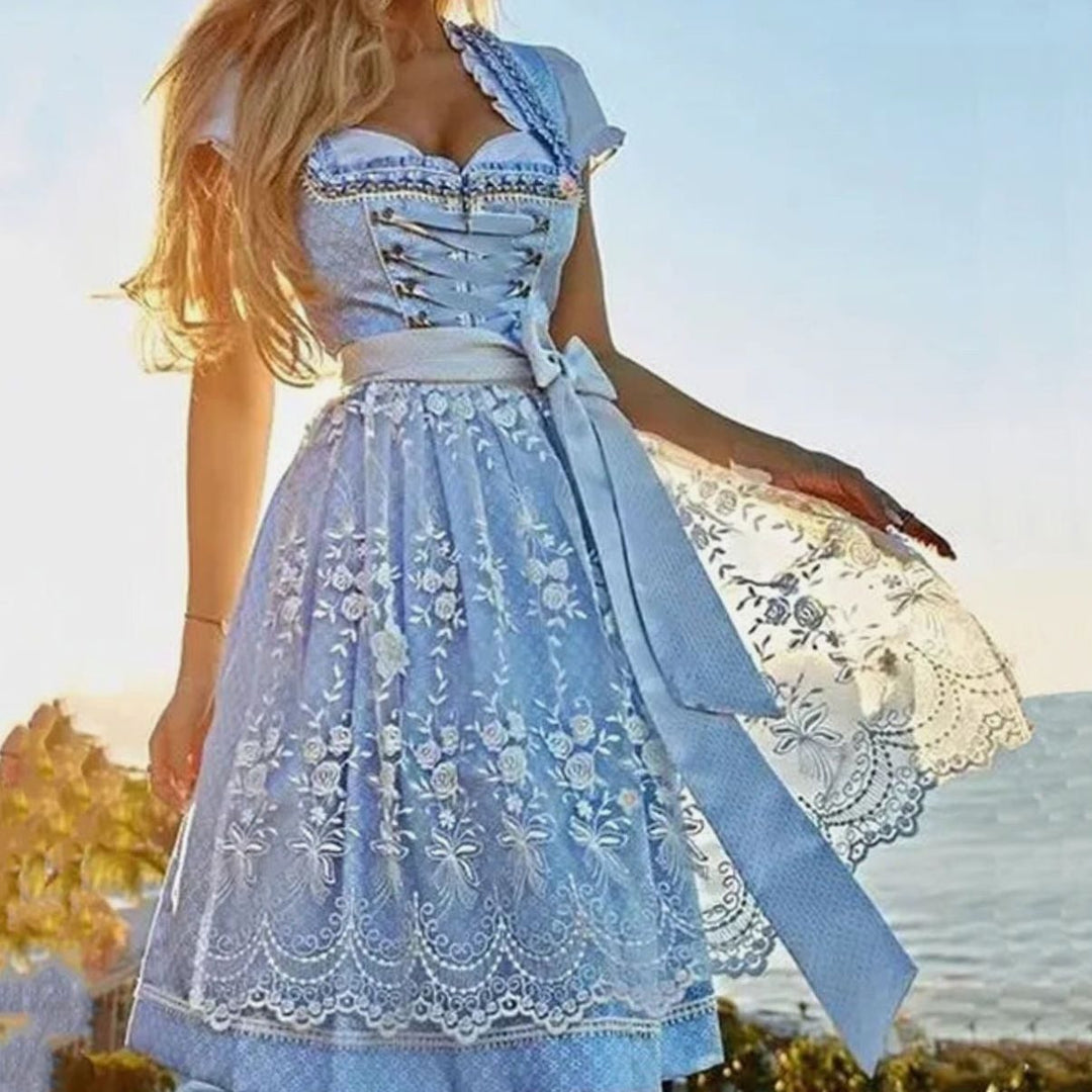Damen Oktoberfest Dirndl Spitzenbluse Trachtenkleid Midi - Himmelblau