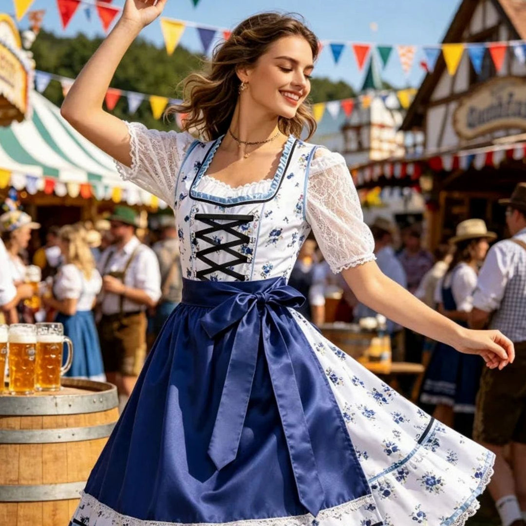 Damen Oktoberfest Dirndl Trachtenkleid mit Blumenmuster Schürze und Spitzenbluse