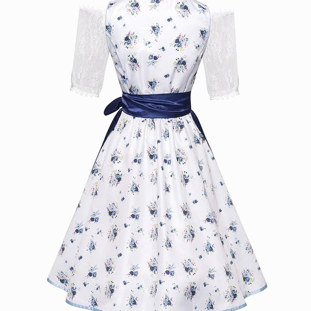 Damen Oktoberfest Dirndl Trachtenkleid mit Blumenmuster Schürze und Spitzenbluse