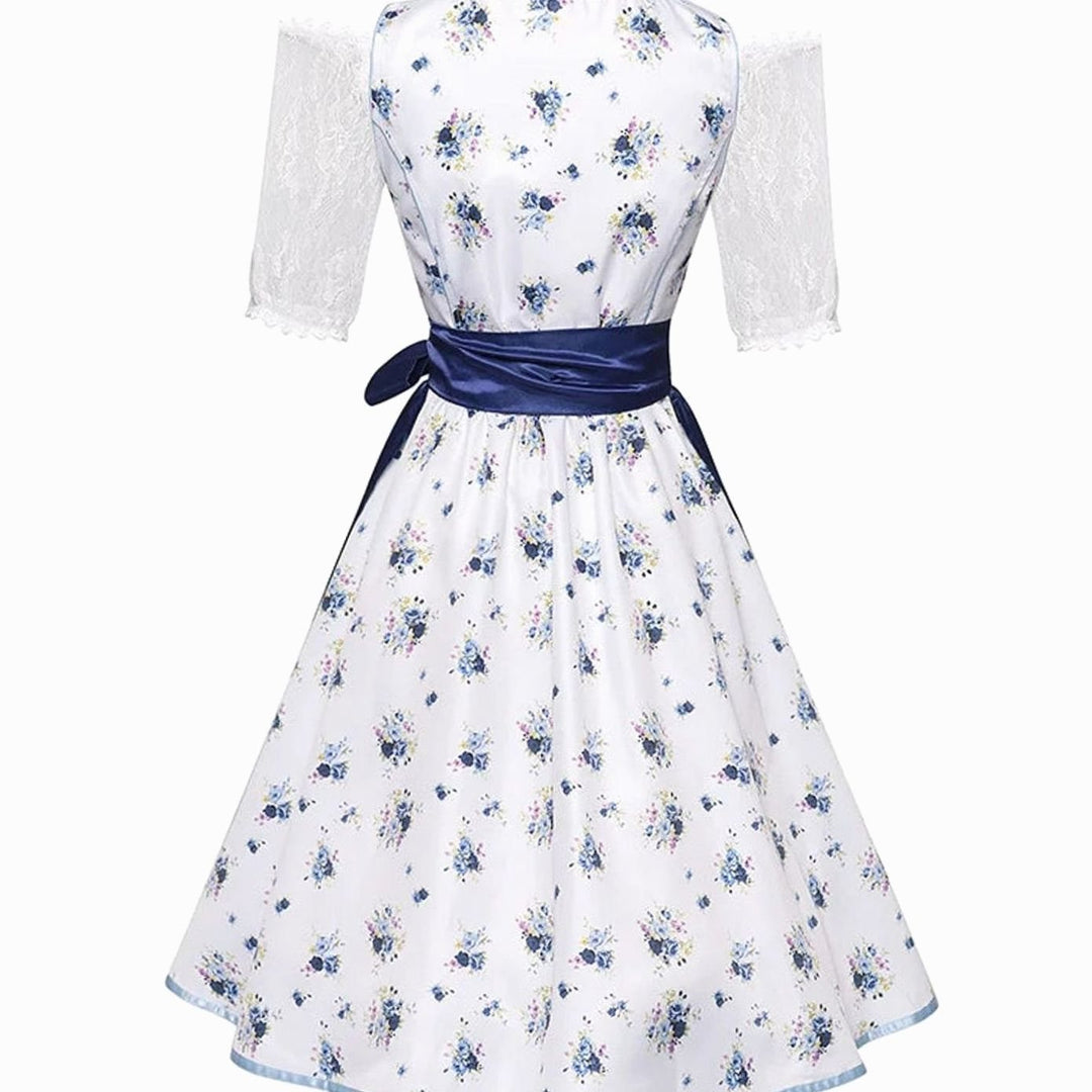 Damen Oktoberfest Dirndl Trachtenkleid mit Blumenmuster Schürze und Spitzenbluse