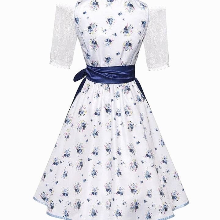 Damen Oktoberfest Dirndl Trachtenkleid mit Blumenmuster Schürze und Spitzenbluse