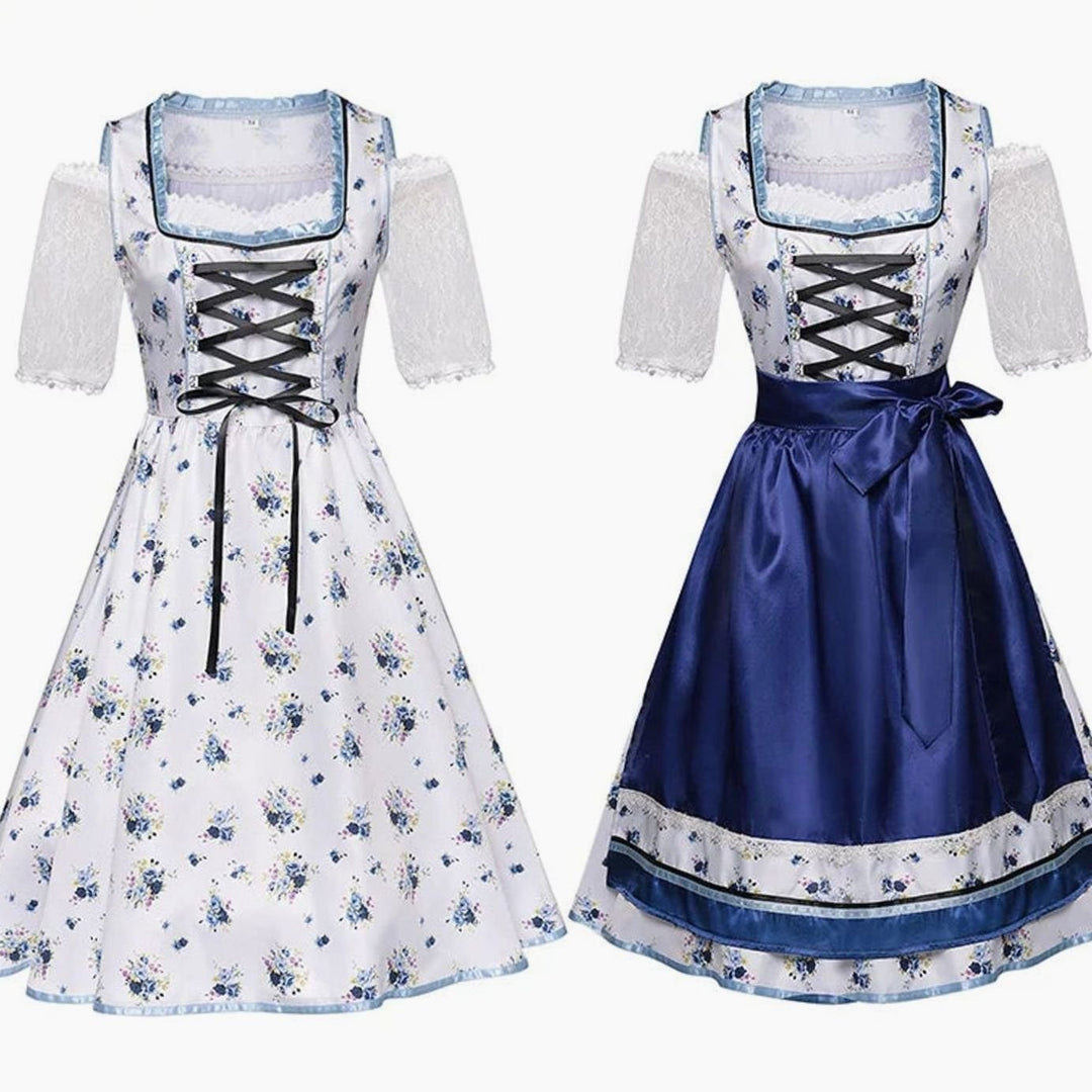 Damen Oktoberfest Dirndl Trachtenkleid mit Blumenmuster Schürze und Spitzenbluse
