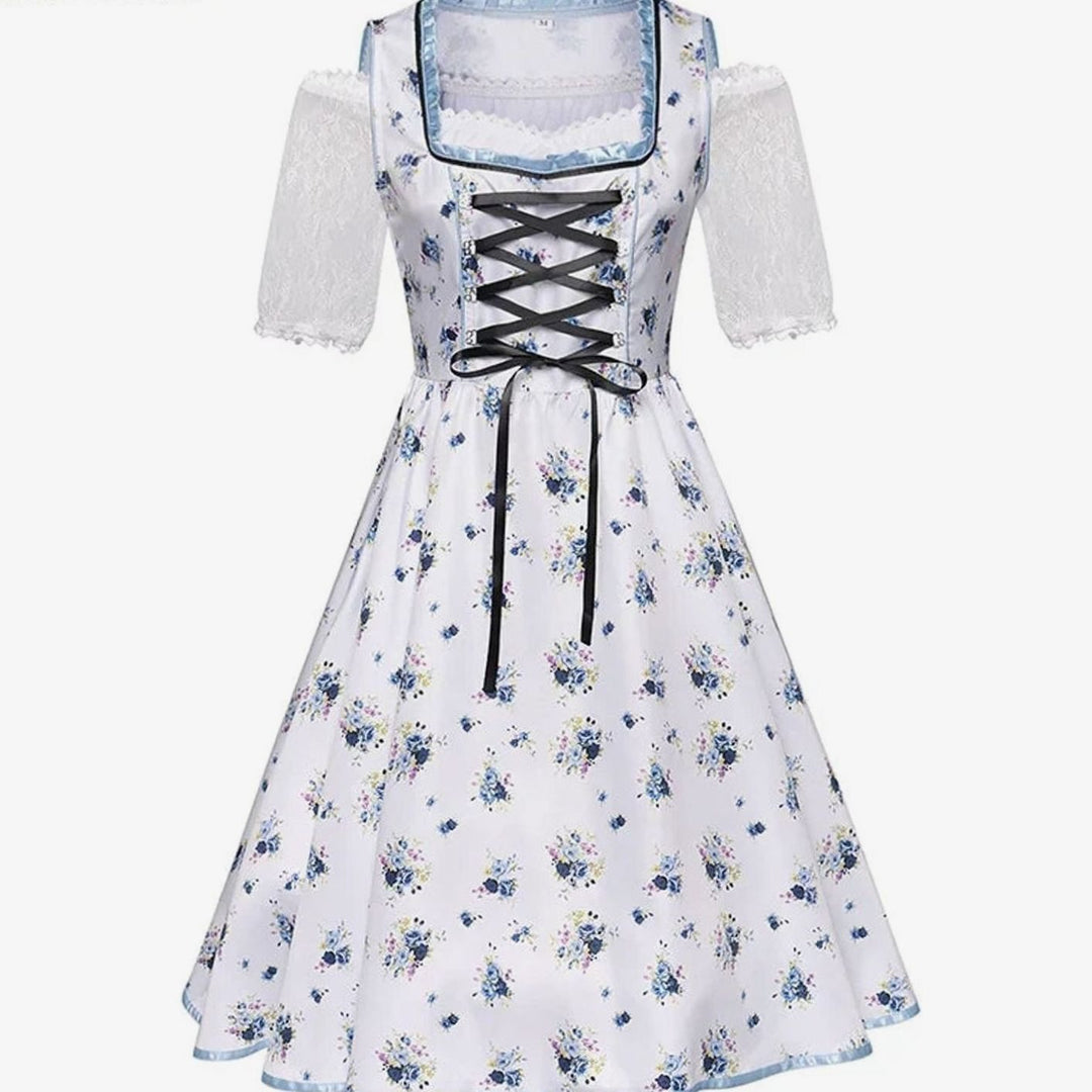 Damen Oktoberfest Dirndl Trachtenkleid mit Blumenmuster Schürze und Spitzenbluse