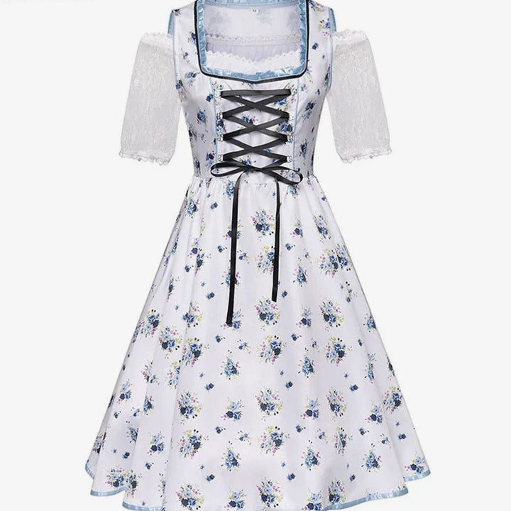 Damen Oktoberfest Dirndl Trachtenkleid mit Blumenmuster Schürze und Spitzenbluse