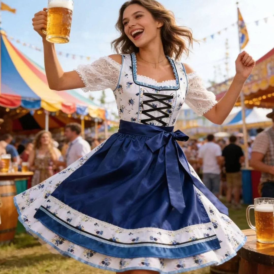Damen Oktoberfest Dirndl Trachtenkleid mit Blumenmuster Schürze und Spitzenbluse