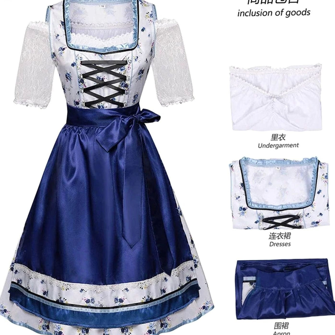 Damen Oktoberfest Dirndl Trachtenkleid mit Blumenmuster Schürze und Spitzenbluse - Blau-Weiß