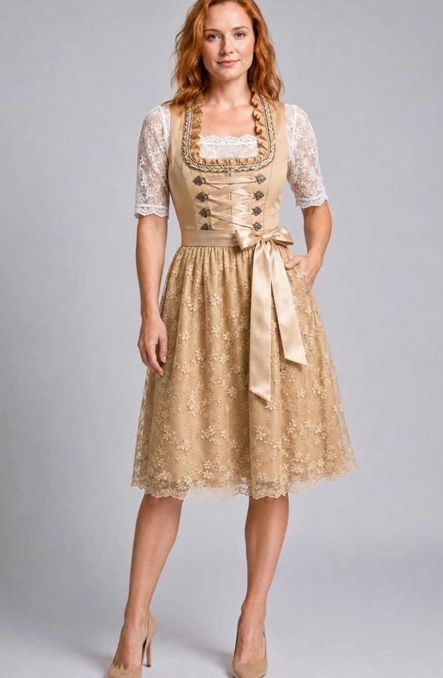 Damen Oktoberfest Dirndlkleid Floraler Spitzenrock Schnürmieder