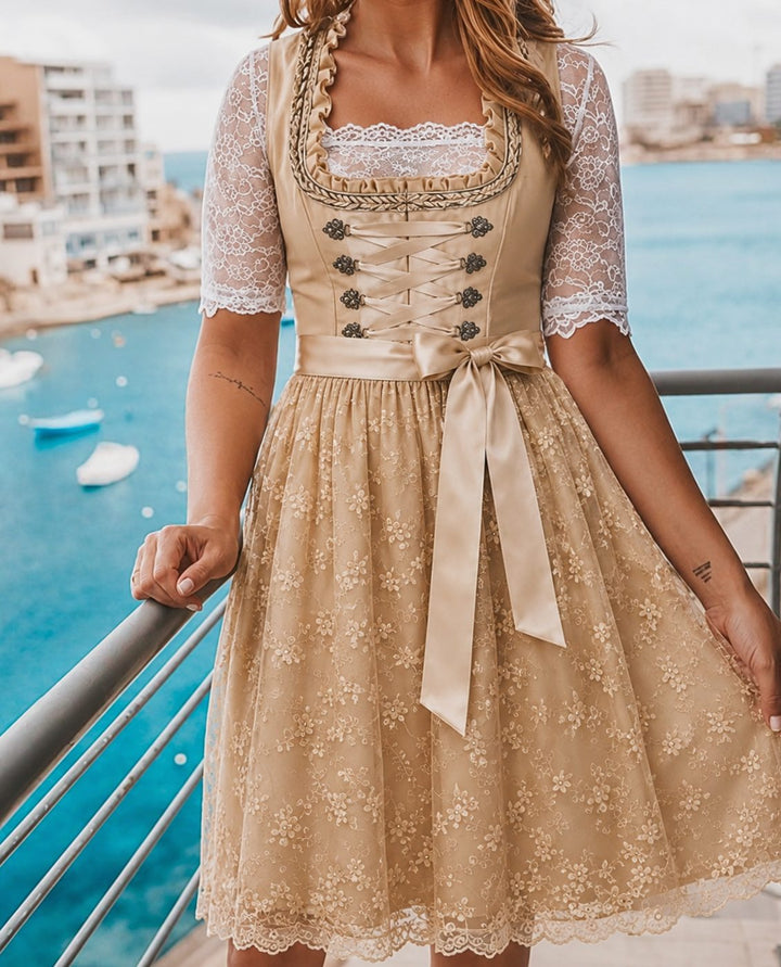 Damen Oktoberfest Dirndlkleid Floraler Spitzenrock Schnürmieder