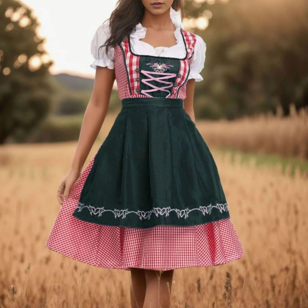 Damen Oktoberfest Dirndlkleid Kariert Midi Trachtenkleid Schürze - Grün