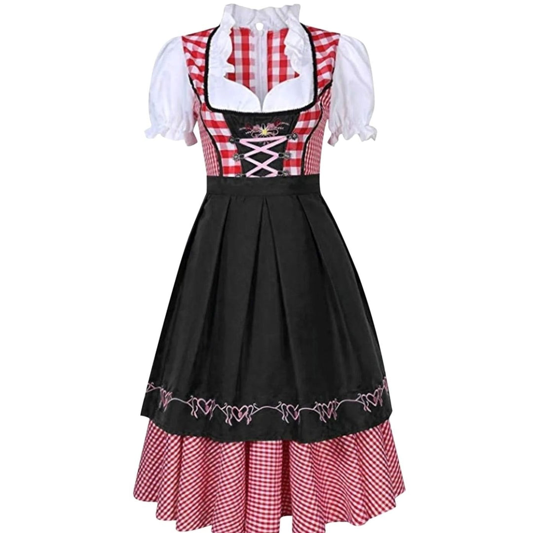 Damen Oktoberfest Dirndlkleid Kariert Midi Trachtenkleid Schürze - Schwarz