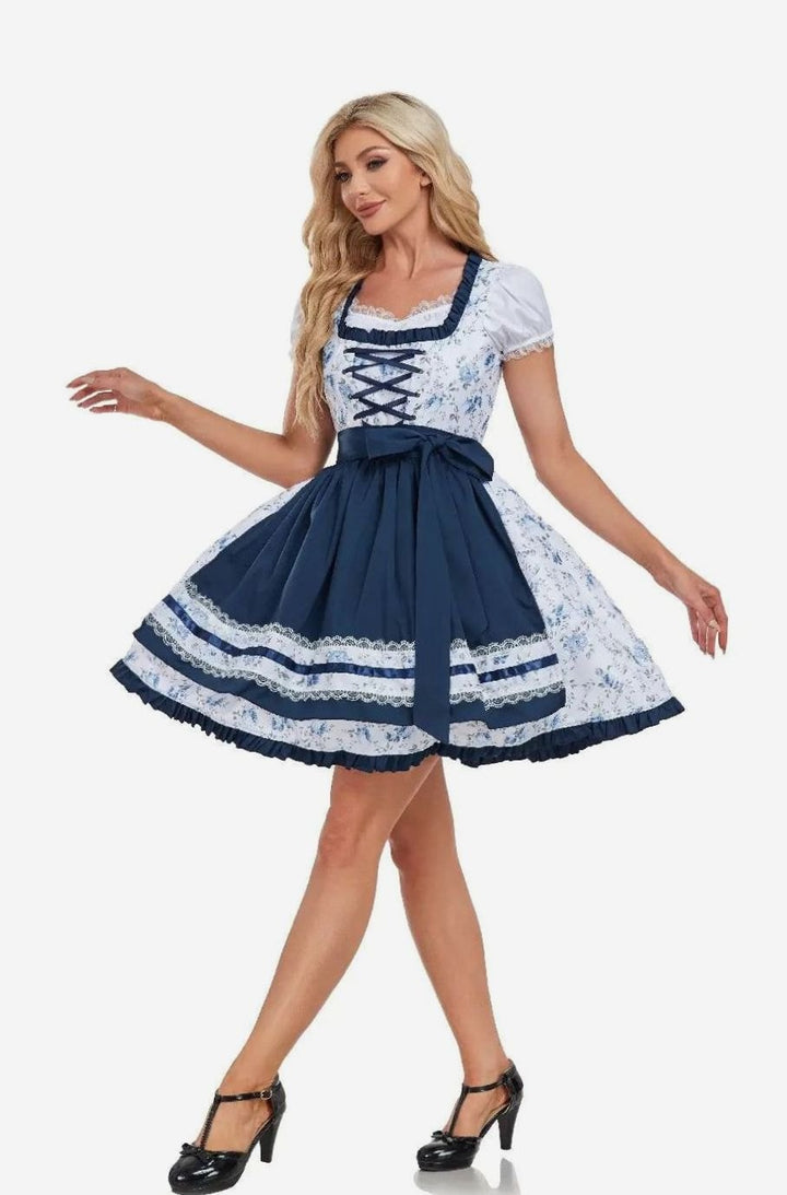 Damen Oktoberfest Dirndlkleid mit Blumenmuster Schürze Spitzendetails