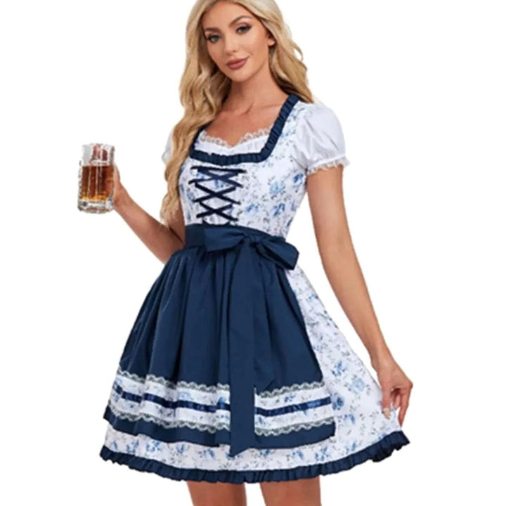 Damen Oktoberfest Dirndlkleid mit Blumenmuster Schürze Spitzendetails