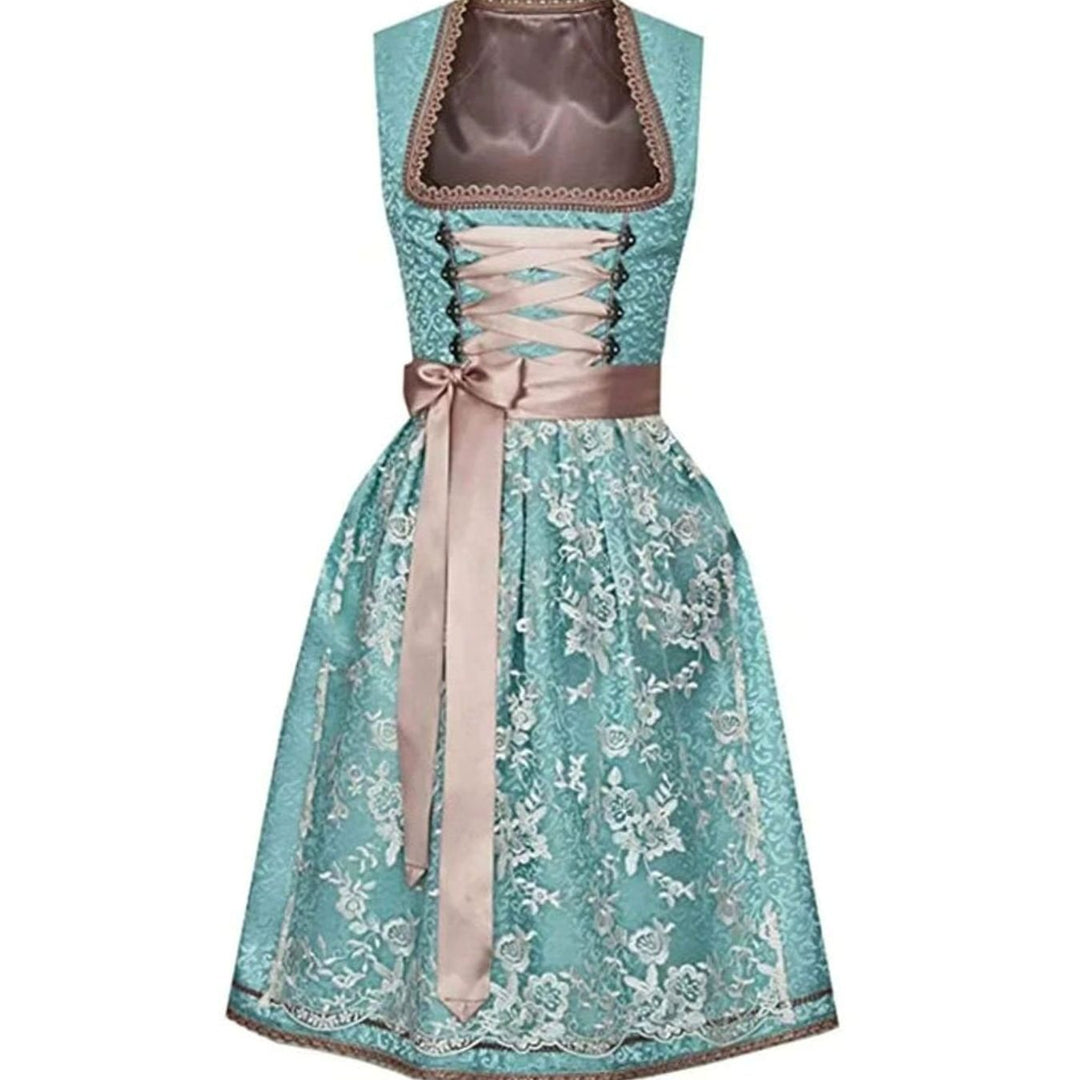Damen Oktoberfest Dirndlkleid Spitzenrock Trachtenkleid mit Schürze - Grün