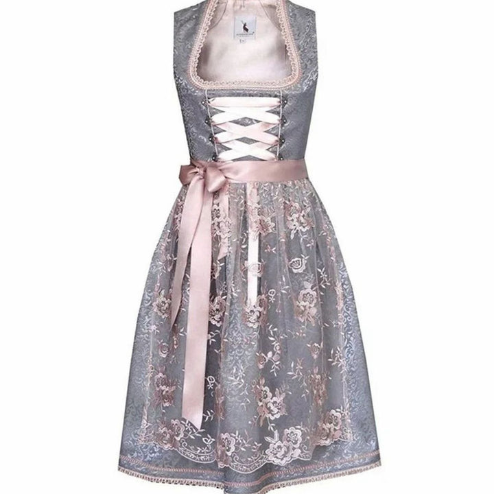 Damen Oktoberfest Dirndlkleid Spitzenrock Trachtenkleid mit Schürze - Grau