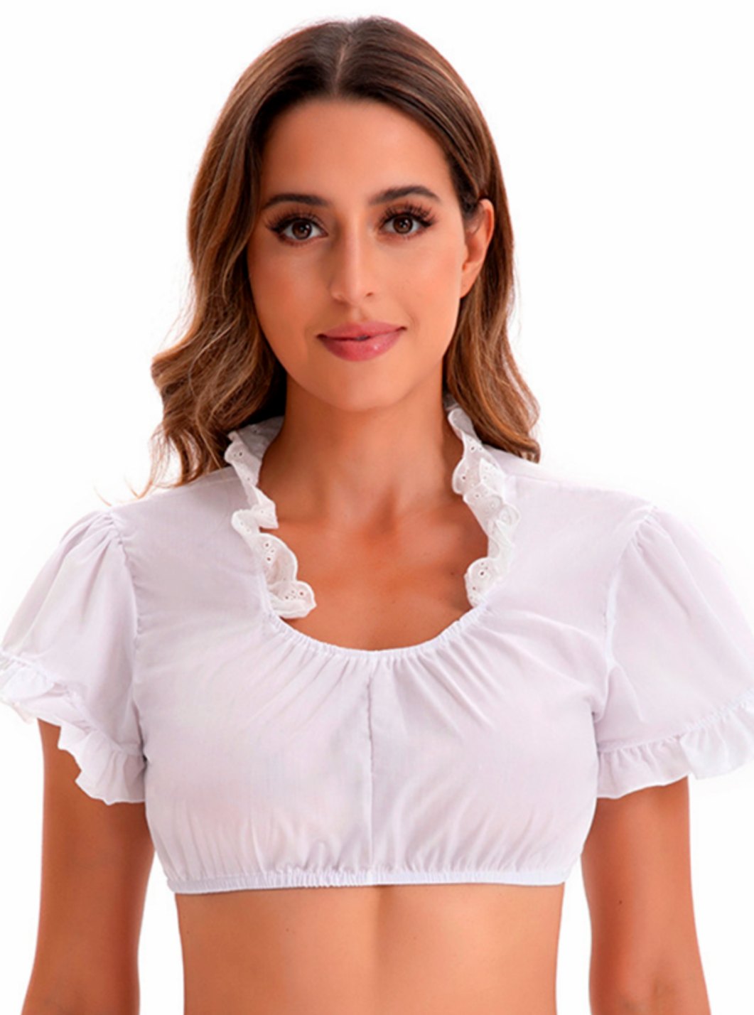 Damen Oktoberfest Spitzen-Crop-Bluse mit V-Ausschnitt - Weiß