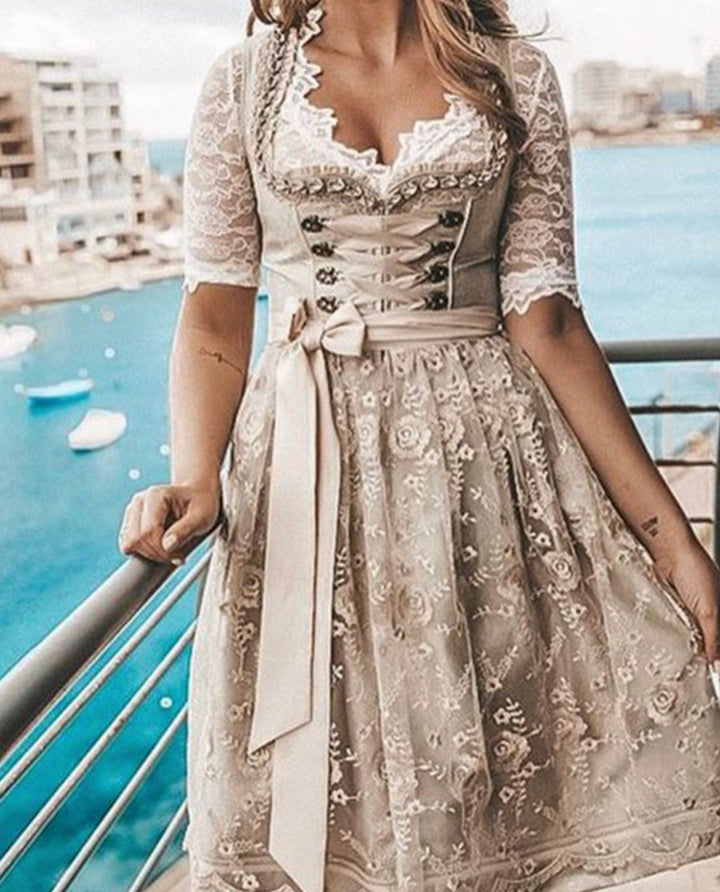 Damen Oktoberfest Spitzen-Dirndl mit Schürze Trachtenkleid