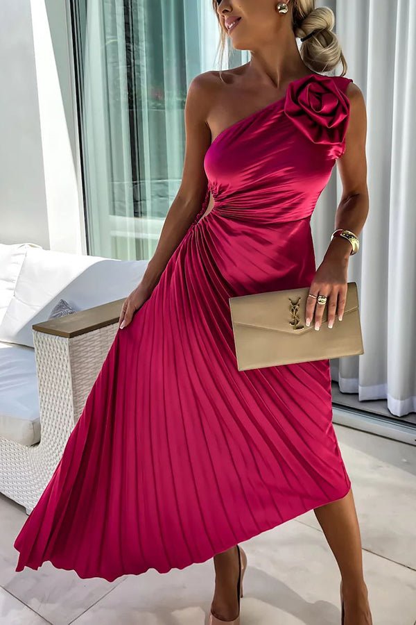 Damen One-Shoulder Plissee Maxi Kleid mit Blumendetail - Red