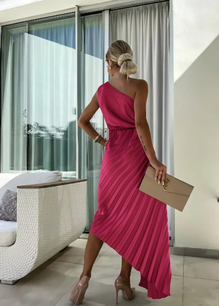 Damen One-Shoulder Plissee Maxi Kleid mit Blumendetail