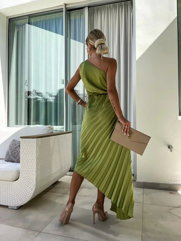 Damen One-Shoulder Plissee Maxi Kleid mit Blumendetail