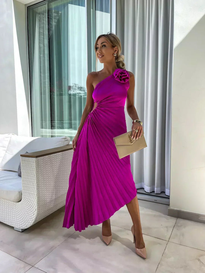 Damen One-Shoulder Plissee Maxi Kleid mit Blumendetail - Purple