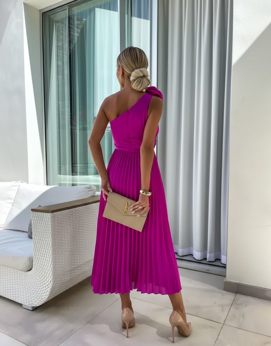 Damen One-Shoulder Plissee Maxi Kleid mit Blumendetail