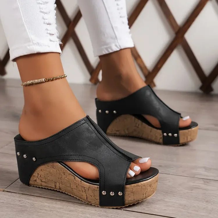 Damen Orthopädische Keilabsatz Plateau Sandaletten - Black