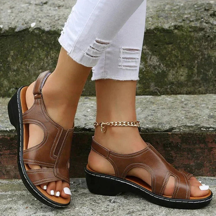 Damen Orthopädische Keilabsatz-Sandalen Slip-On PU-Leder - Brown