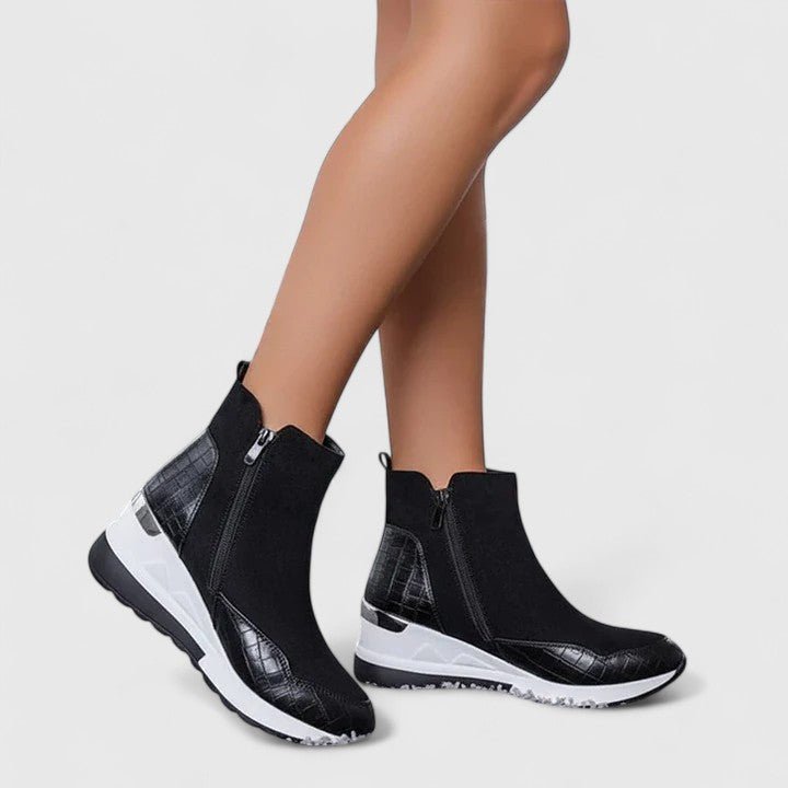 Damen Orthopädische Keilabsatz-Stiefeletten Reißverschluss Plateau - Black