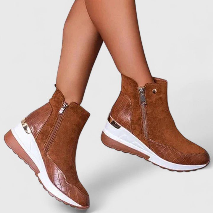 Damen Orthopädische Keilabsatz-Stiefeletten Reißverschluss Plateau - Brown