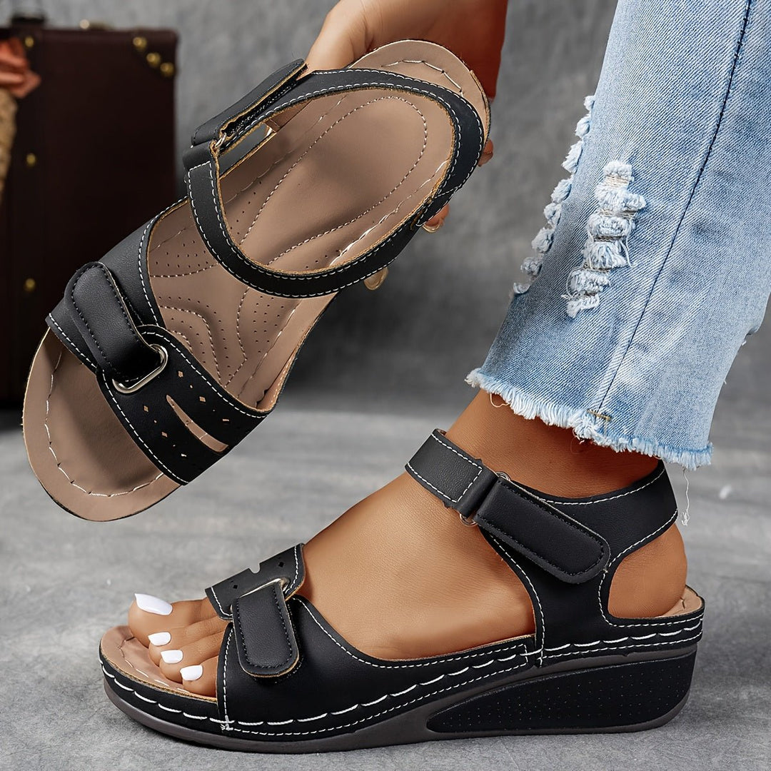 Damen Orthopädische Klettverschluss-Komfortsandalen Keilabsatz - Schwarz