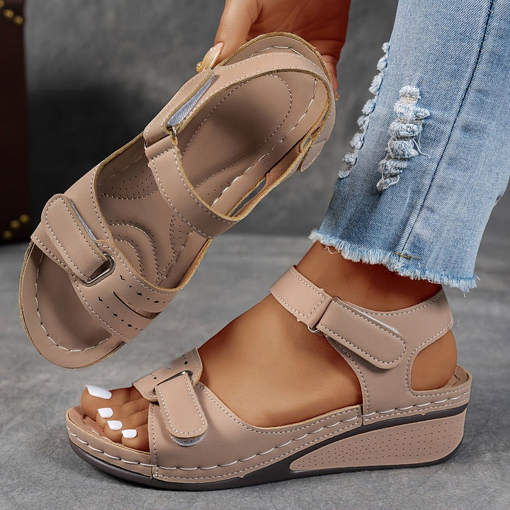 Damen Orthopädische Klettverschluss-Komfortsandalen Keilabsatz - Kaki