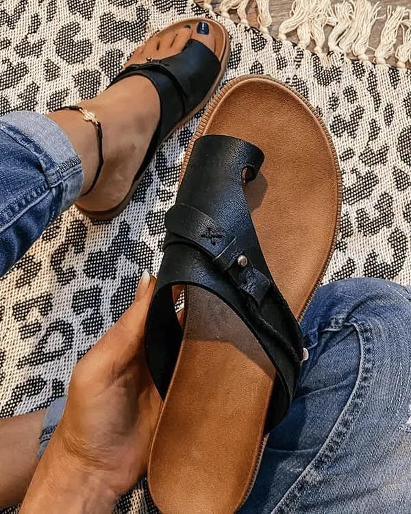 Damen Orthopädische Komfort-Sandalen Veganleder Offene Zehe - Black