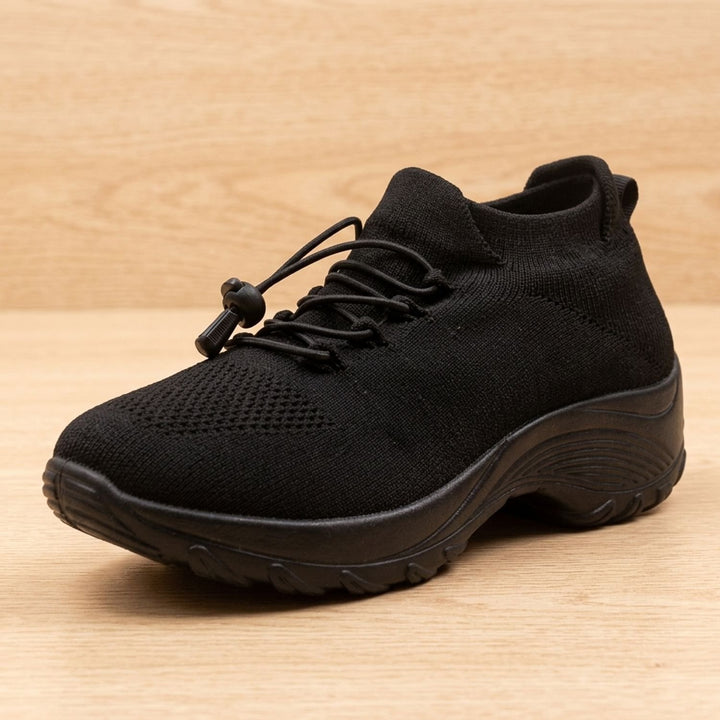 Damen Orthopädische Schnürschuhe Gestrickter Plateau-Sneaker - Mitternachtsschwarz