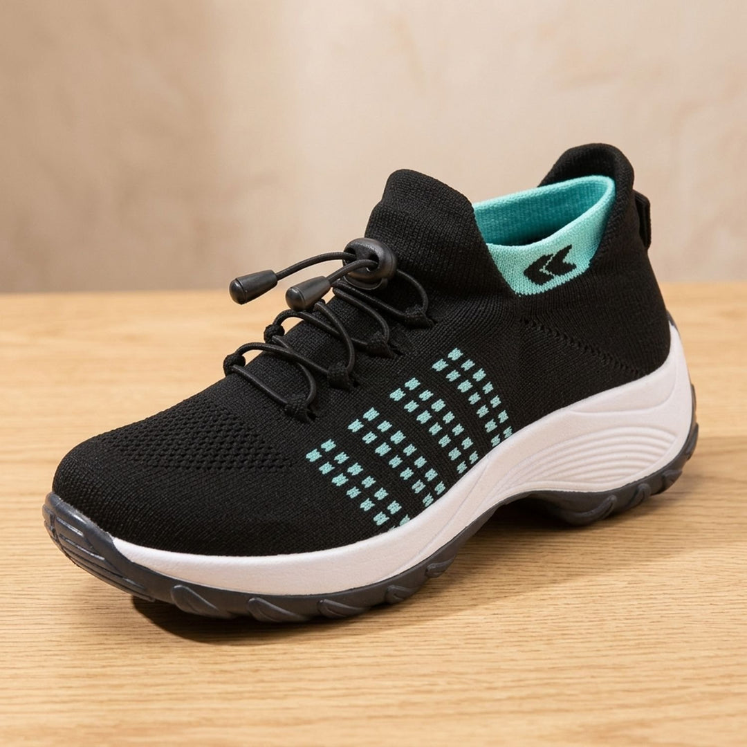 Damen Orthopädische Schnürschuhe Gestrickter Plateau-Sneaker - Schwarz-Himmelblau