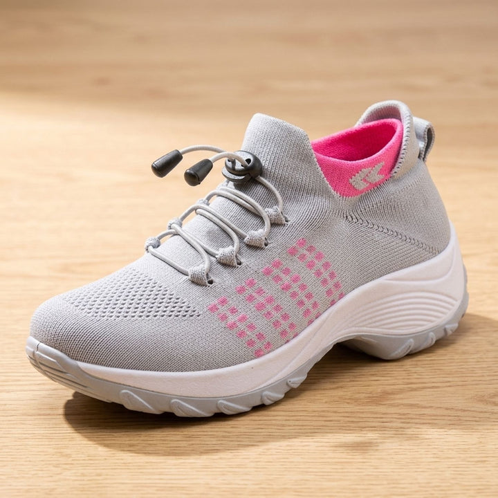 Damen Orthopädische Schnürschuhe Gestrickter Plateau-Sneaker - Grau-Rosa