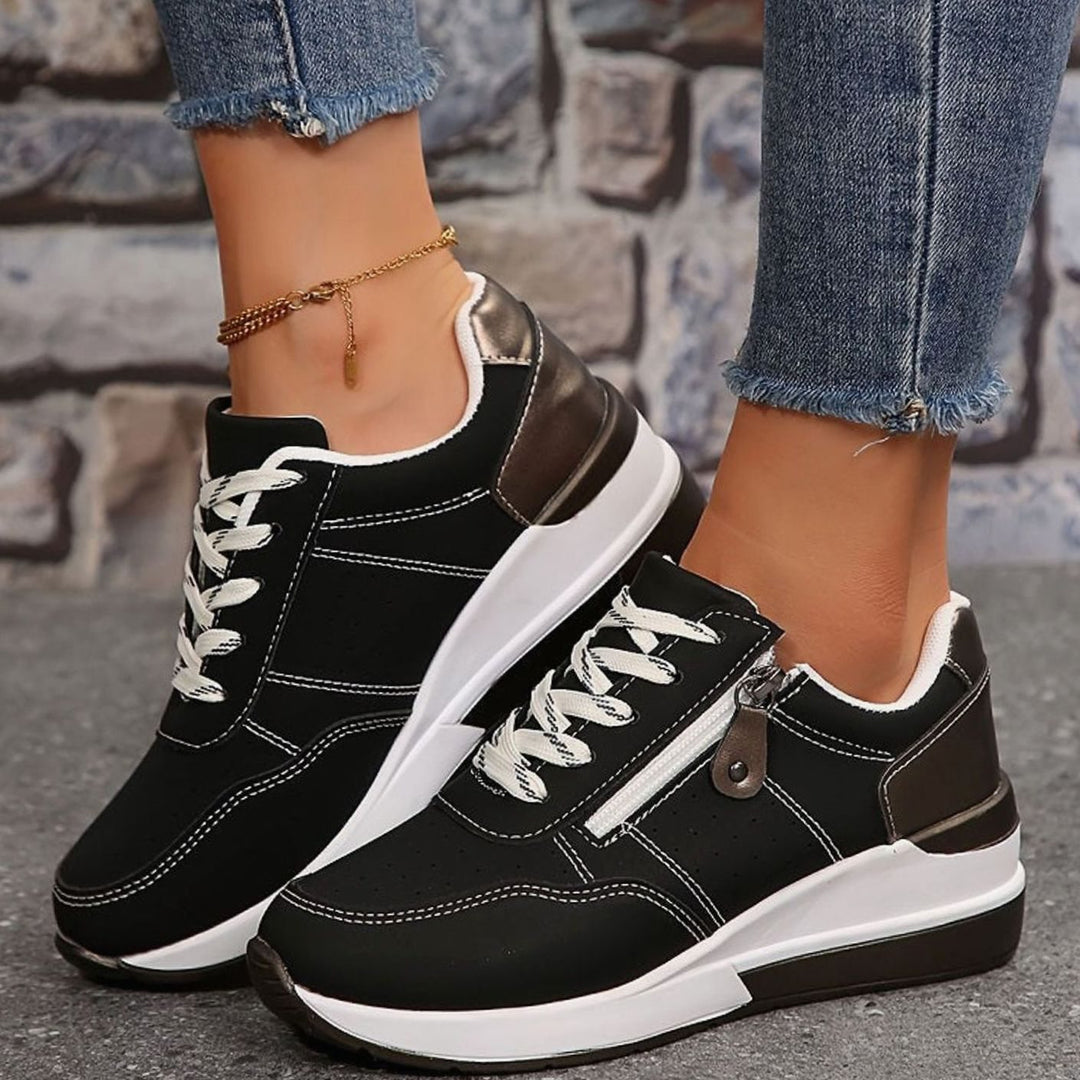 Damen Orthopädische Schnürsenkel-Sneaker mit Erhöhter Plateausohle - Schwarz
